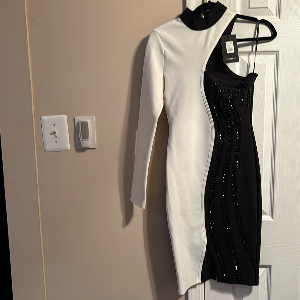 Black And White One Shoulder Dress With Black Beading Down The Dress